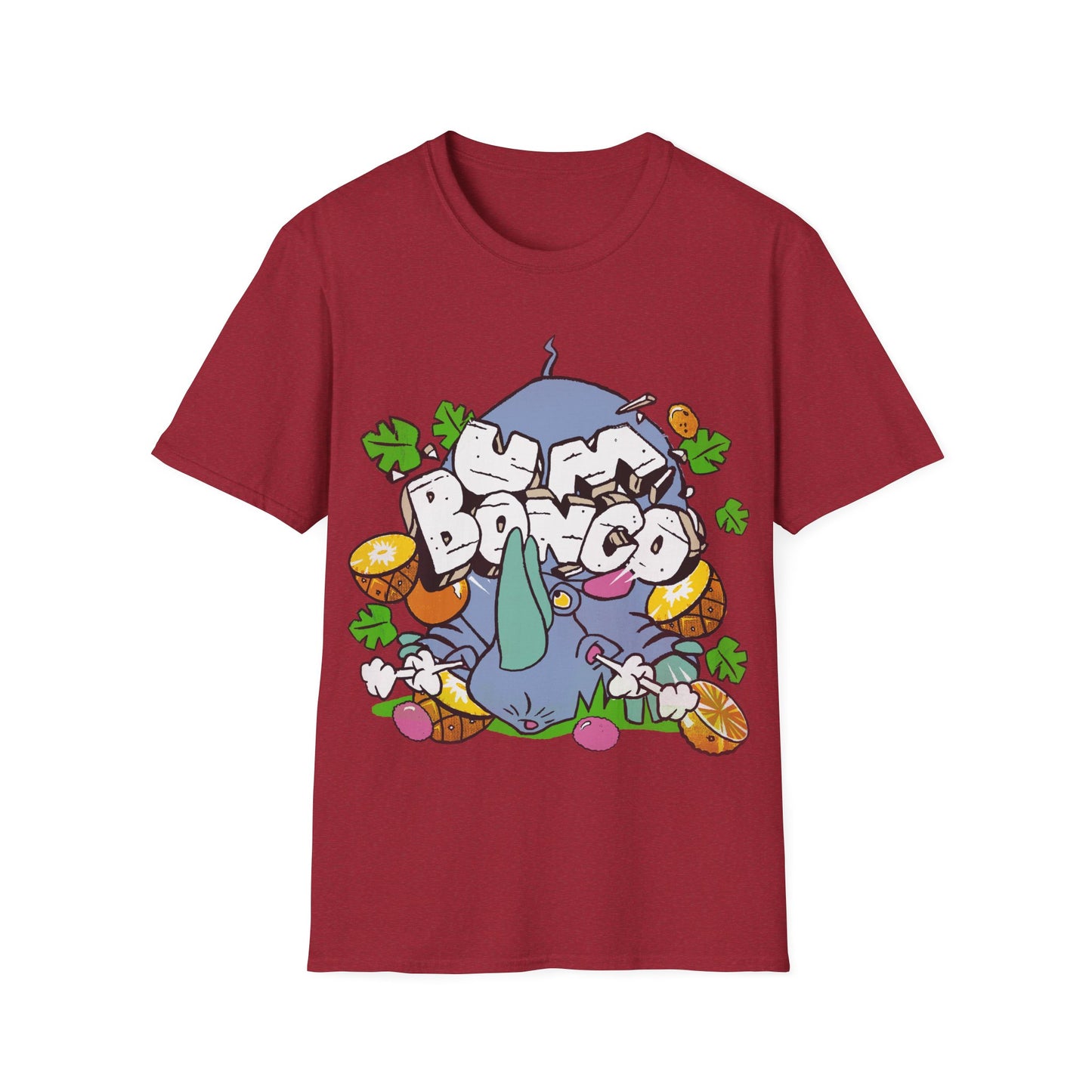 Official Um Bongo vintage red t-shirt with a colourful graphic design featuring a cartoon rhino character and text Um Bongo