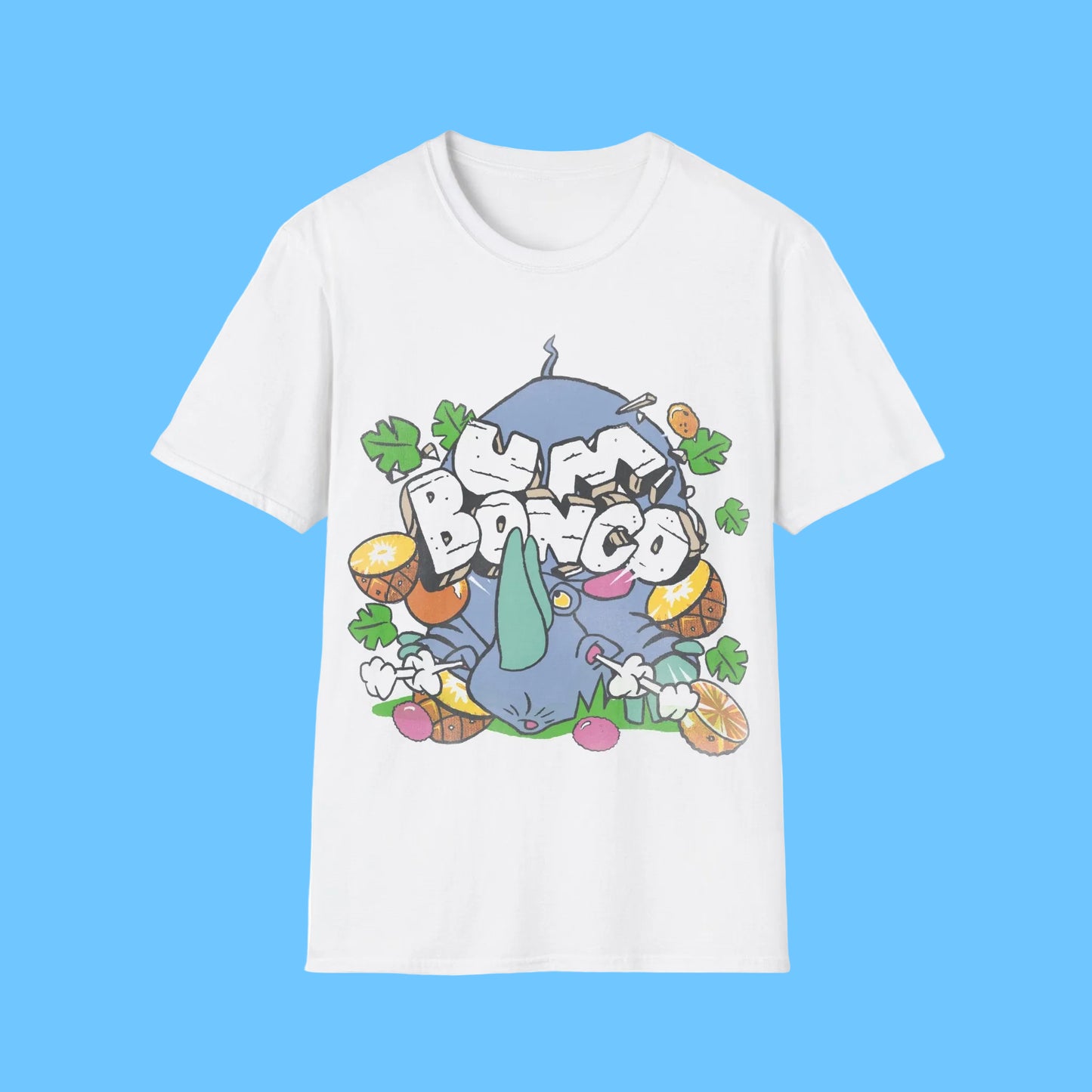 Official Um Bongo white t-shirt with a colourful graphic design featuring a cartoon rhino character and text Um Bongo
