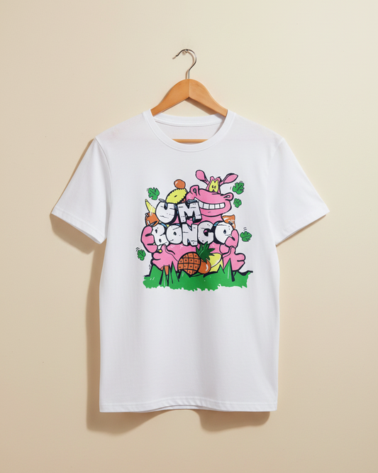 A white short-sleeve crewneck t-shirt featuring a colourful cartoon graphic of a pink Hippo with the text 'UM BONGO' in the classic retro Um Bongo retro logo style