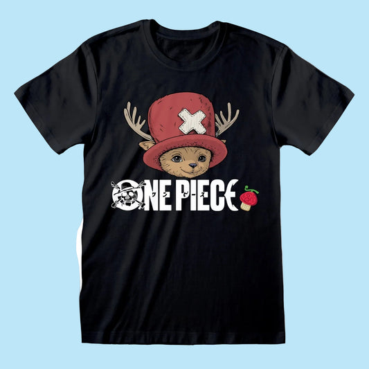 Black t-shirt with Chopper wearing a red hat and 'One Piece' logo 