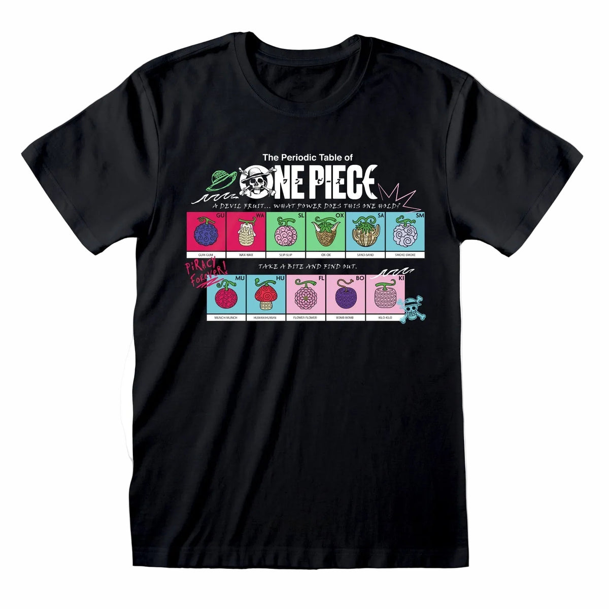 A black short-sleeve crewneck t-shirt featuring a colorful graphic print of 'The Periodic Table of ONE PIECE' with various character devil fruit illustrations.