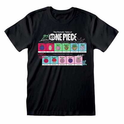A black short-sleeve crewneck t-shirt featuring a colorful graphic print of 'The Periodic Table of ONE PIECE' with various character devil fruit illustrations.