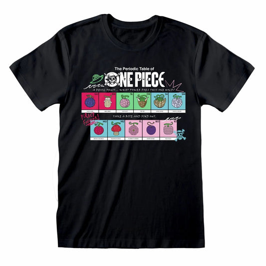 A black short-sleeve crewneck t-shirt featuring a colorful graphic print of 'The Periodic Table of ONE PIECE' with various character devil fruit illustrations.