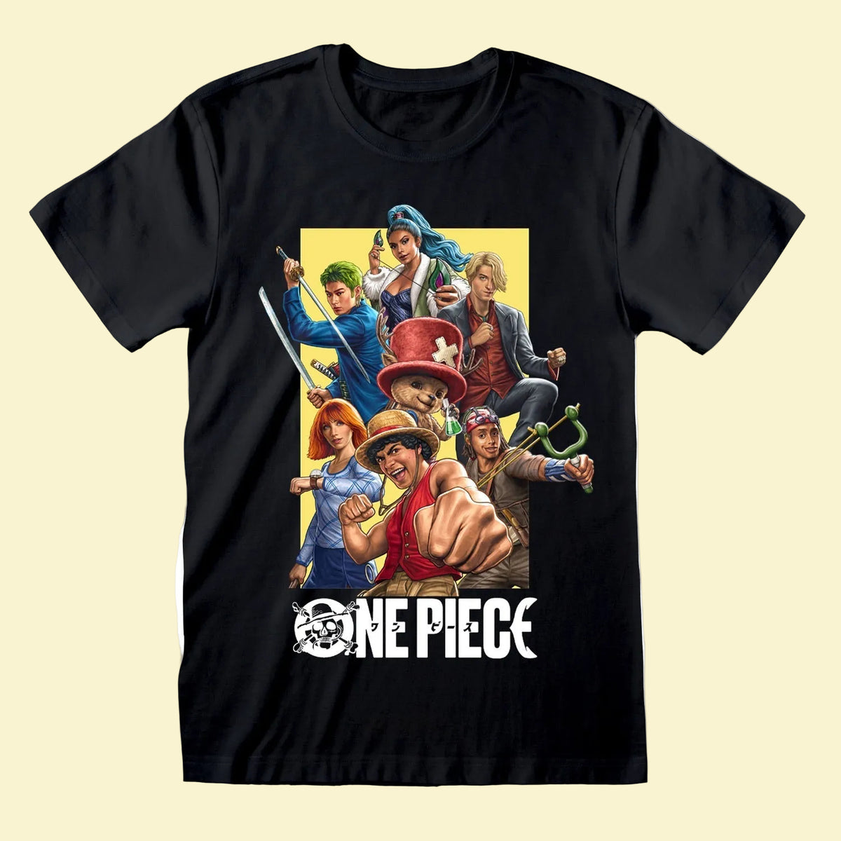 Black t-shirt with 'One Piece' character graphic 