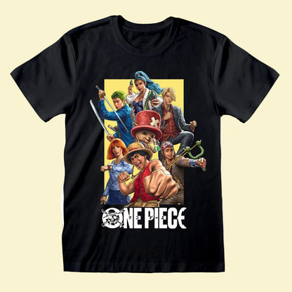 Black t-shirt with 'One Piece' character graphic 