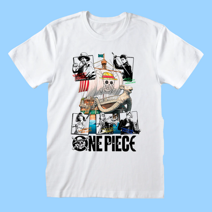 White t-shirt with 'One Piece' character and ship graphic on a white background