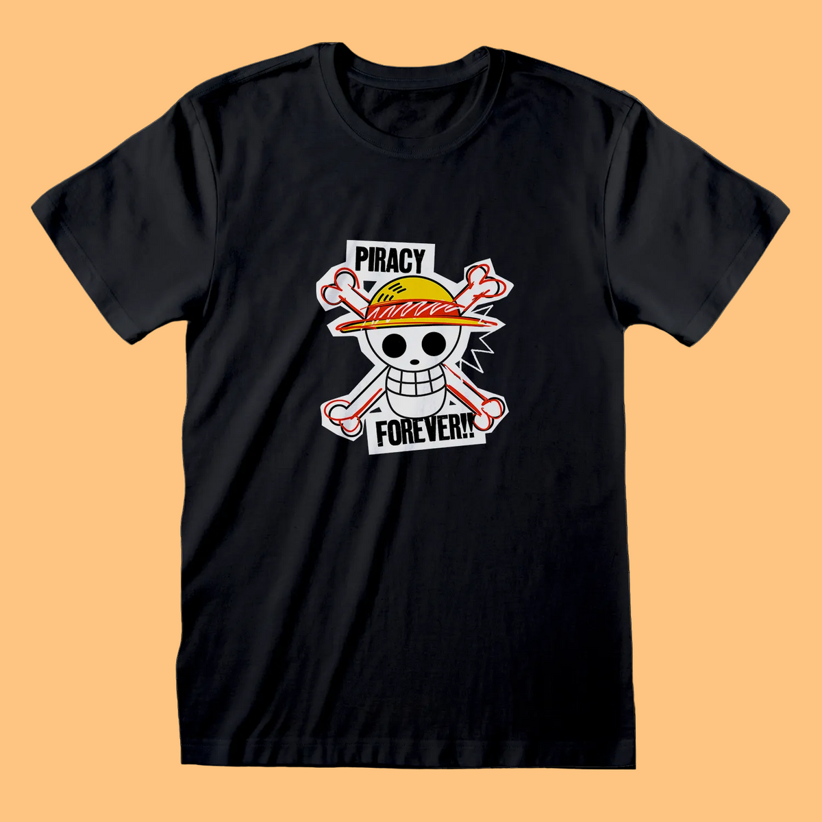 Black t-shirt with netflix One Piece skull and crossbones design and text