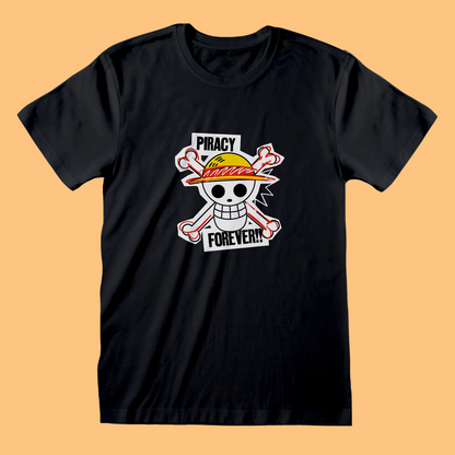 Black t-shirt with netflix One Piece skull and crossbones design and text