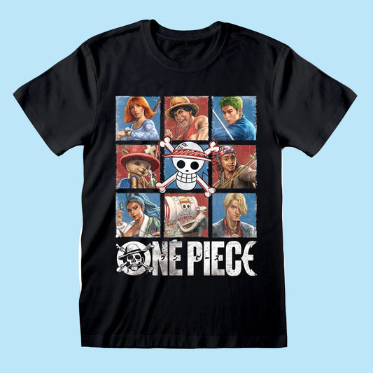 Black t-shirt with 'One Piece' character grid design and logo