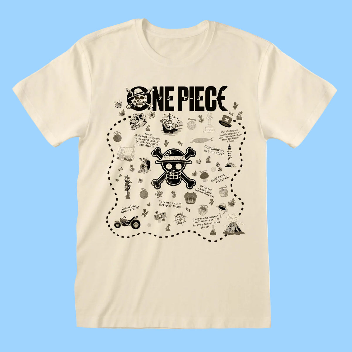 A cream-colored short-sleeve t-shirt featuring a detailed black graphic print of the One Piece world map with various pirate-themed illustrations and text.
