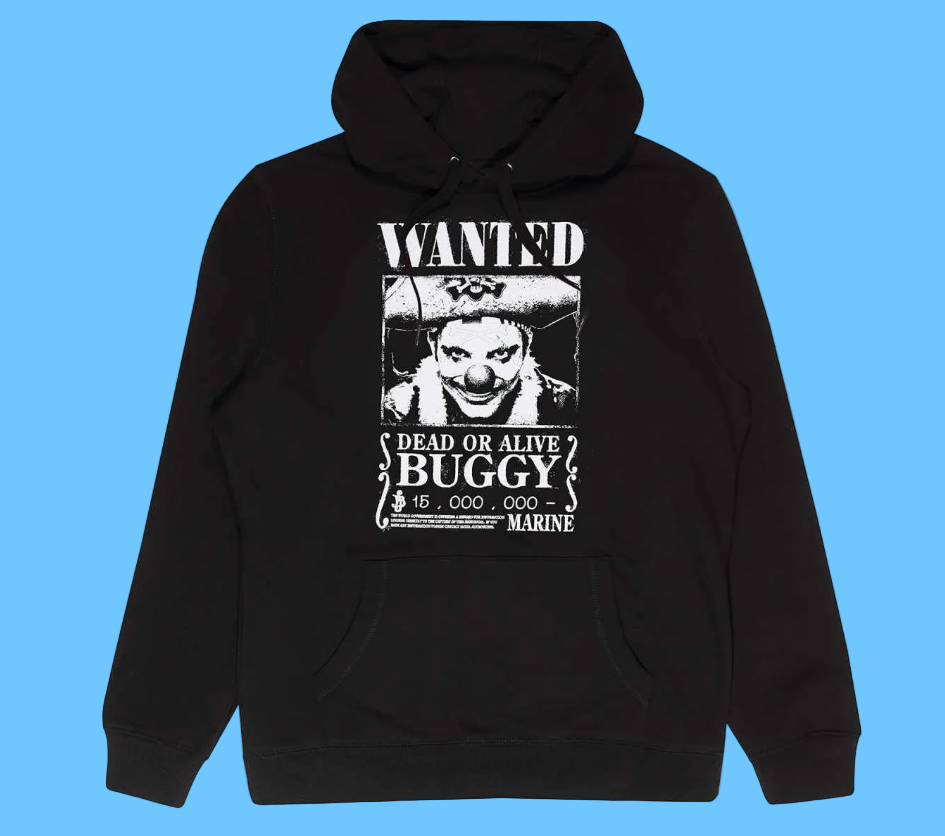 Black hoodie with a graphic design, ONE PIECE Buggy Wanted Poster Unisex Hoodie
