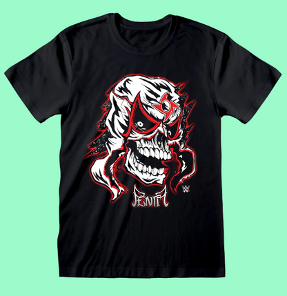 WWE Penta Black t-shirt with a graphic design of a skull and red accents on a white background