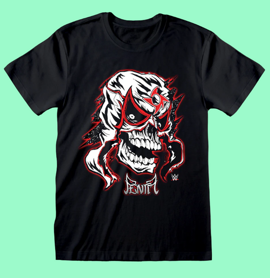 WWE Penta Black t-shirt with a graphic design of a skull and red accents on a white background