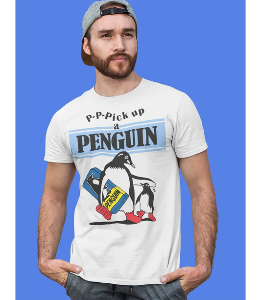 Man wearing Unisex white short sleeve t shirt featuring P P Pick up a Penguin text and penguin characters