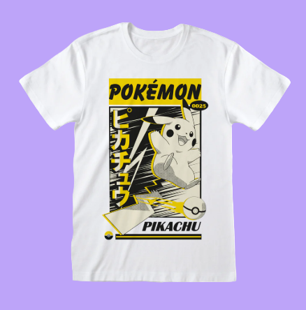 White t-shirt with Pikachu graphic and 'Pokémon' text on a white background