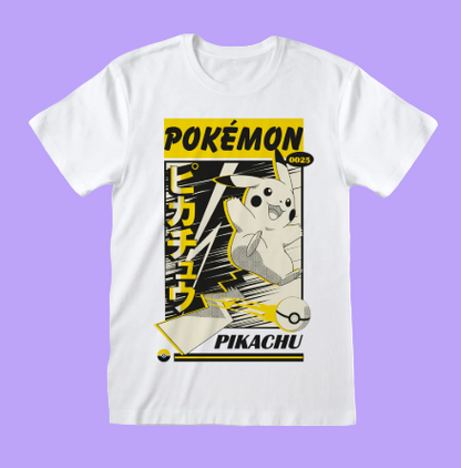 White t-shirt with Pikachu graphic and 'Pokémon' text on a white background