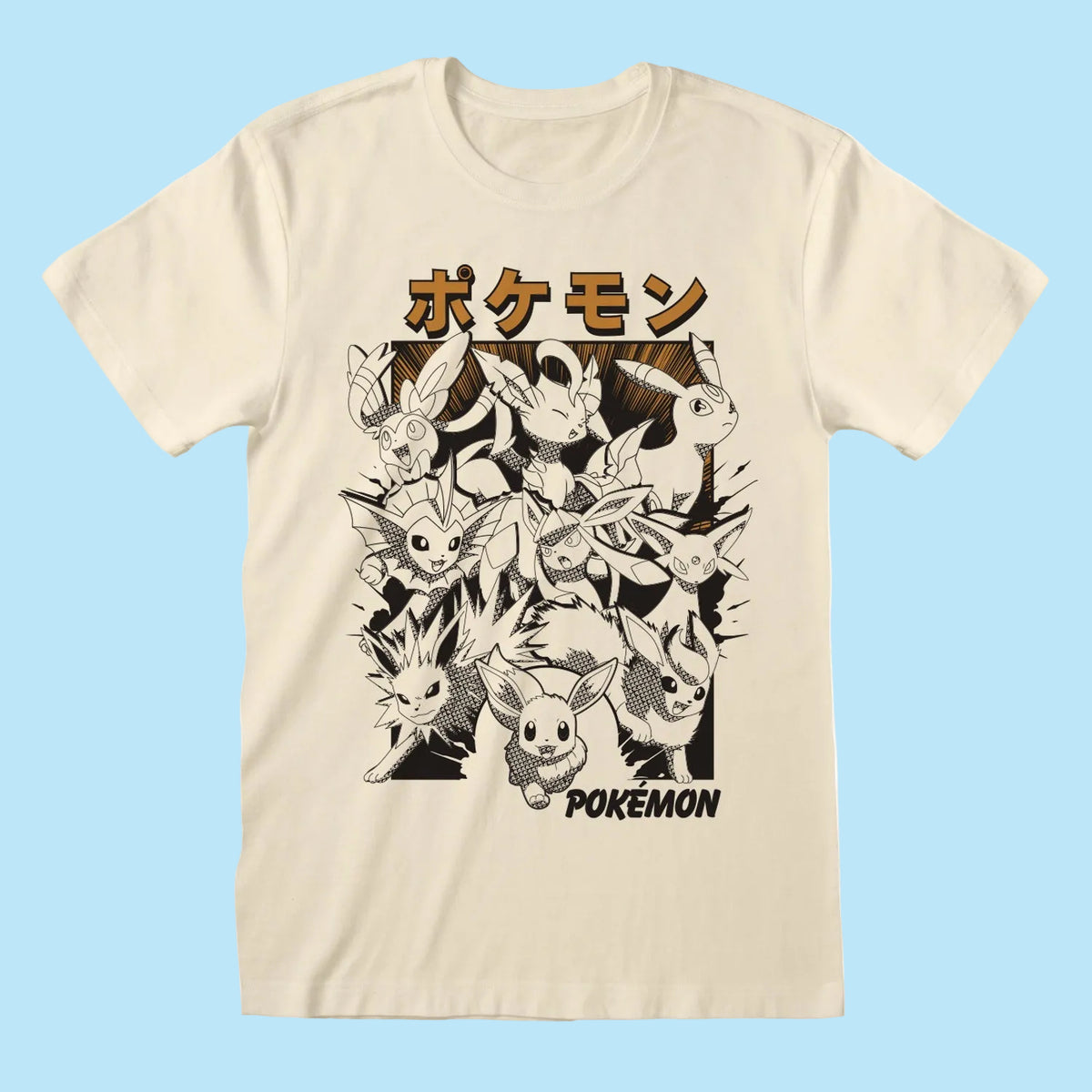 Beige t-shirt with black and white graphic of cartoon characters and 'Pokémon' text 