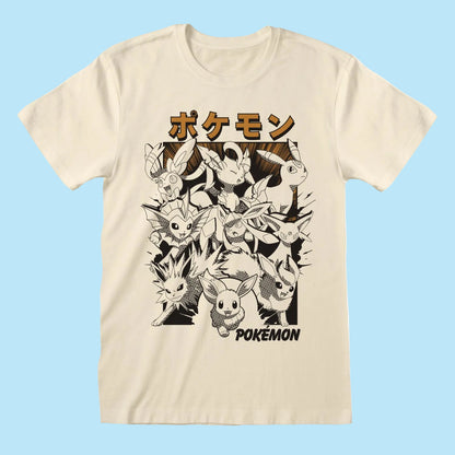 Beige t-shirt with black and white graphic of cartoon characters and 'Pokémon' text 