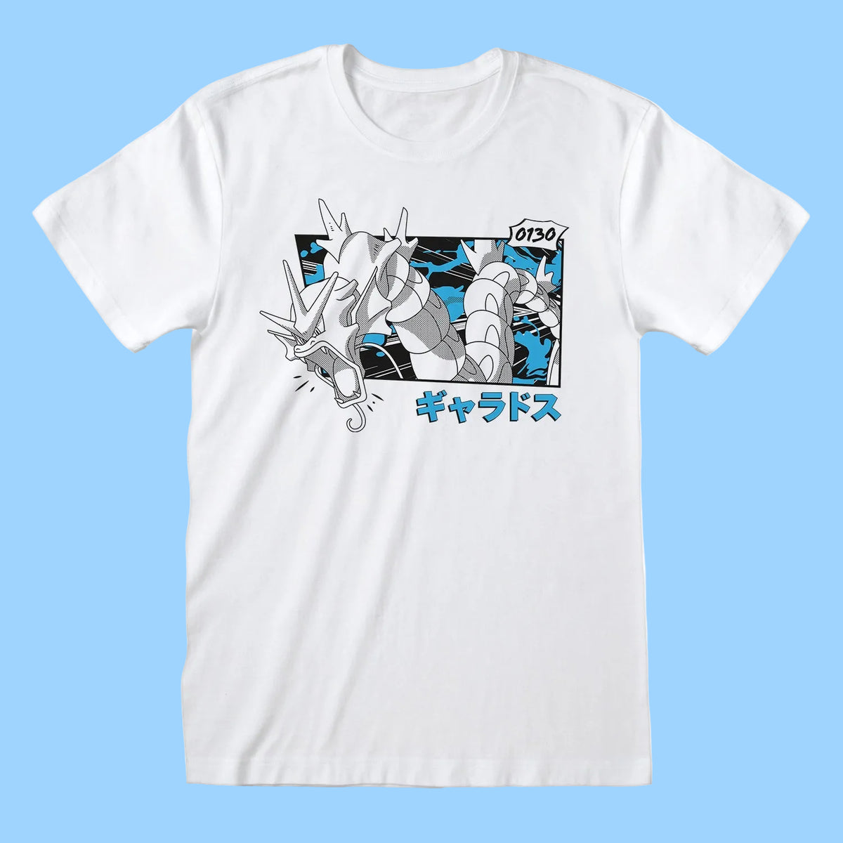 White t-shirt with a graphic design of a Gyarados Pokemon and Japanese text 