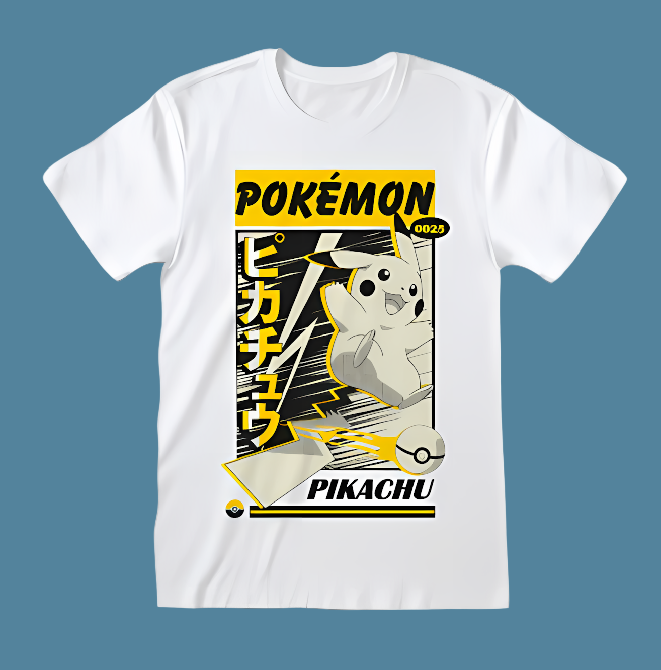 White t-shirt with Pikachu graphic and Pokémon branding on a white background