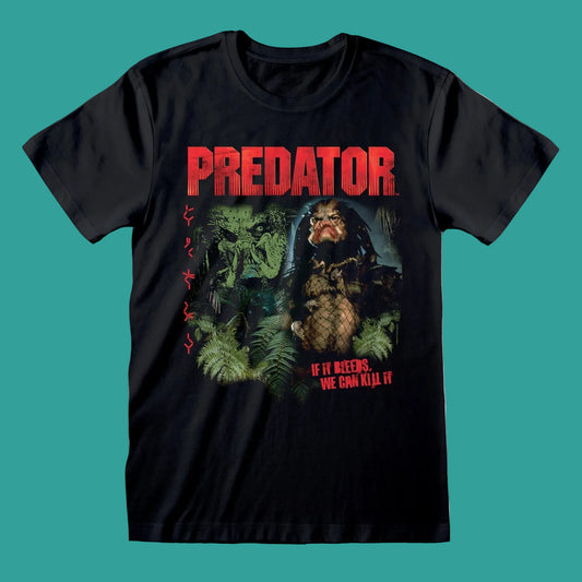A black short-sleeve crewneck t-shirt featuring a graphic print of the movie Predator. The design displays the word 'PREDATOR' in distressed red letters above a dark, detailed illustration of the alien predator and its prey, 