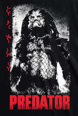Black and white illustration of a predator with red text on a dark background