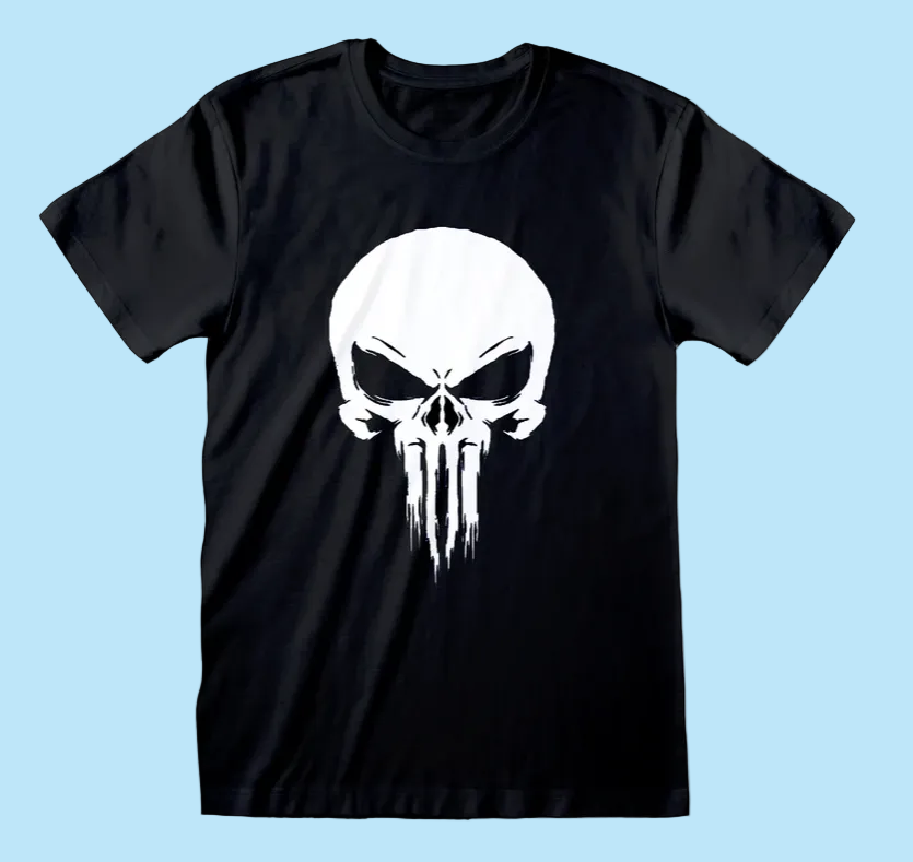 A black short-sleeve crewneck t-shirt featuring a large white Punisher skull graphic printed on the chest, displayed against a solid white background.