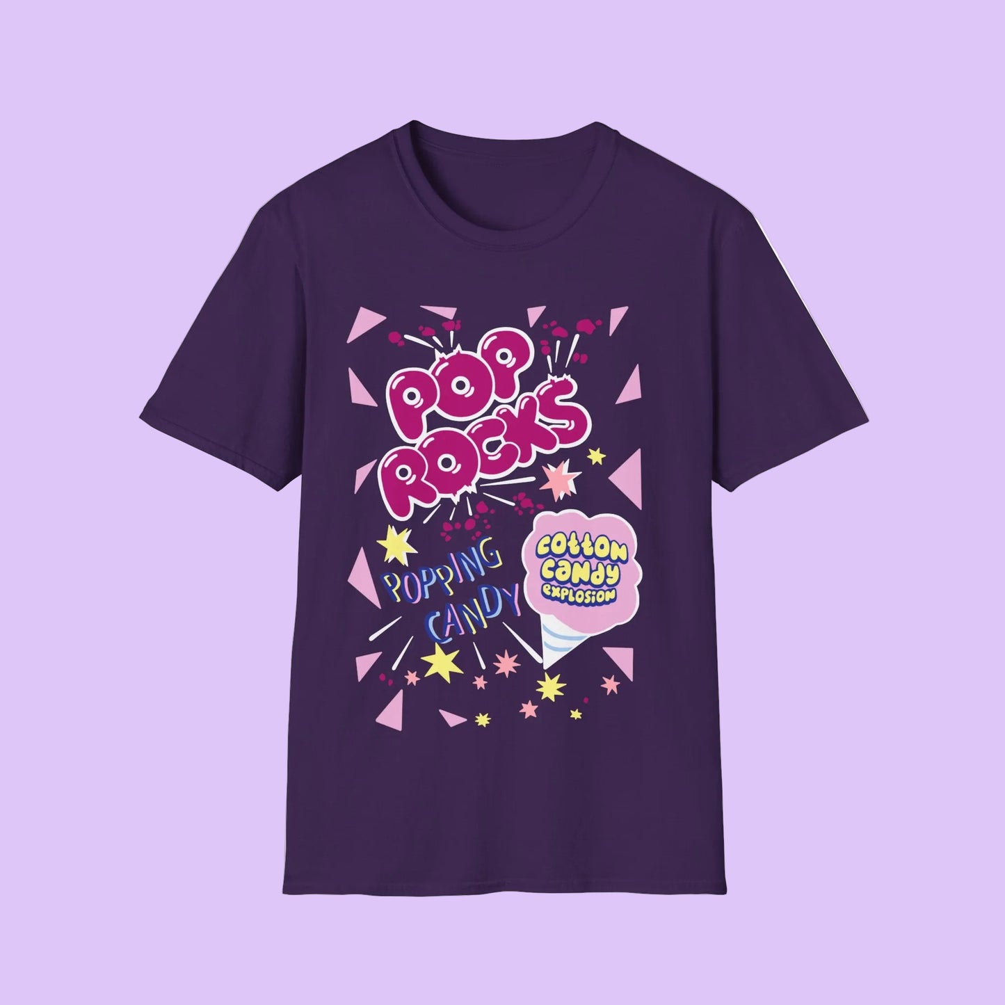 Purple t-shirt with Pop Rocks popping candy, cotton candy explosion graphic 