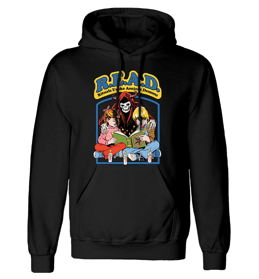 Steven Rhodes Black unisex hoodie with a retro graphic print and R.E.A.D. Rituals Evoke Ancient Demons text