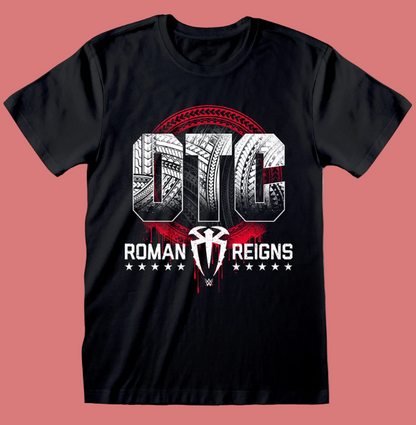 WWE Black t-shirt with 'OTC Roman Reigns' graphic design on a white background