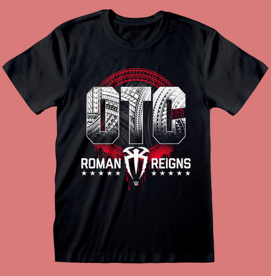 WWE Black t-shirt with 'OTC Roman Reigns' graphic design on a white background