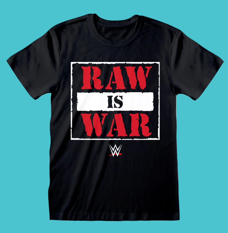Black t-shirt with 'RAW IS WAR' graphic and WWE logo on a white background