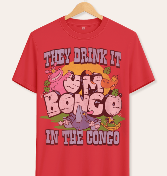 Official Um Bongo Red t-shirt with colorful jungle graphic and text 'They drink it in the Congo' on a off white background.