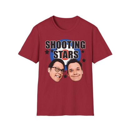Red t-shirt with 'Shooting Stars' text and two faces Vic and Bob