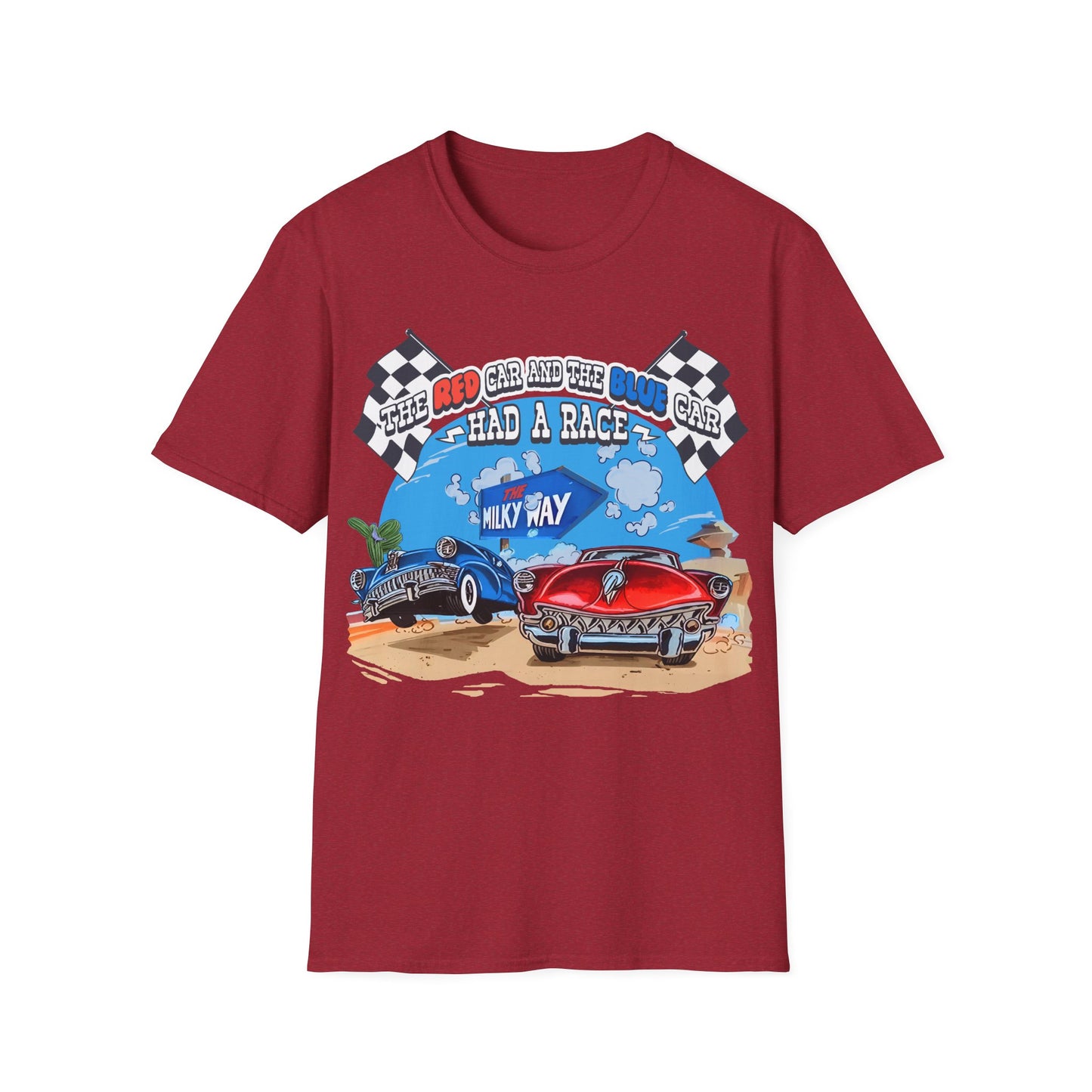 Red t-shirt with a graphic of The red car and the blue car had a race around the Milky Way