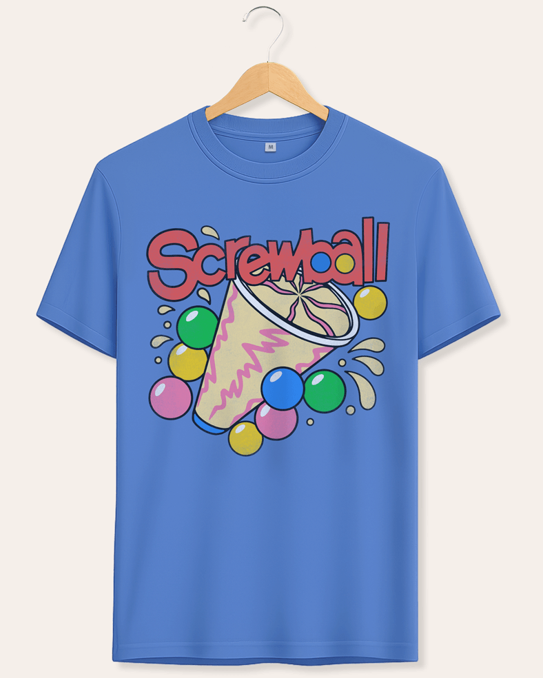 A blue short-sleeve crewneck t-shirt hanging on a wooden hanger against a light beige background. The shirt features a colorful graphic on the front with the word 'Screwball' in red bubble letters above a Screwball ice cream and bubble gum balls