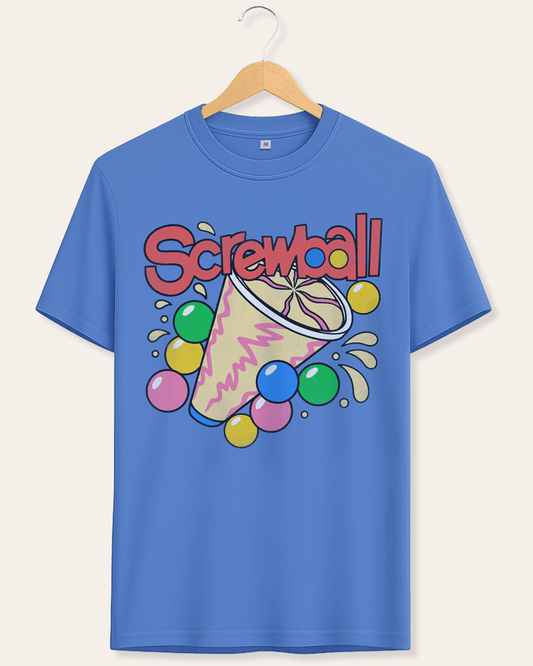 A blue short-sleeve crewneck t-shirt hanging on a wooden hanger against a light beige background. The shirt features a colorful graphic on the front with the word 'Screwball' in red bubble letters above a Screwball ice cream and bubble gum balls
