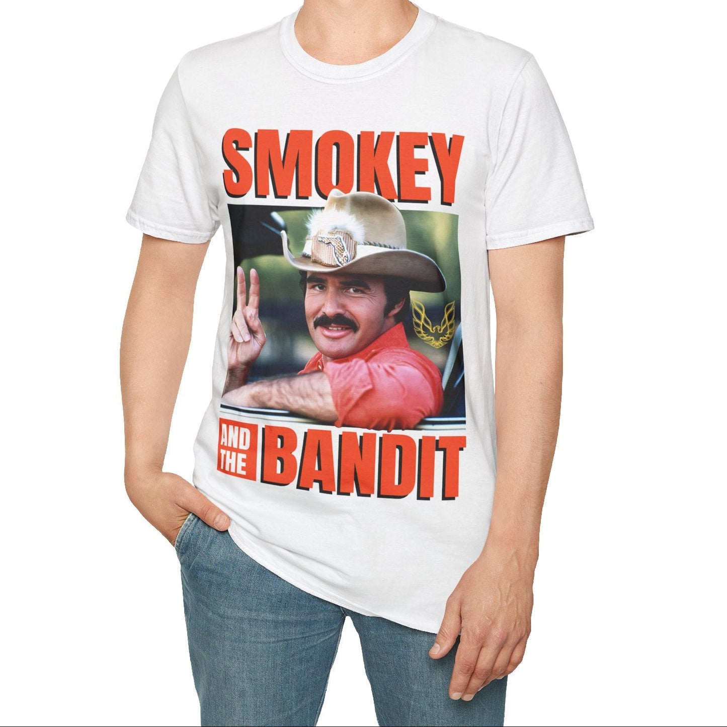 Person wearing a 'Smokey and the Bandit' t-shirt with a graphic of a man in a cowboy hat.