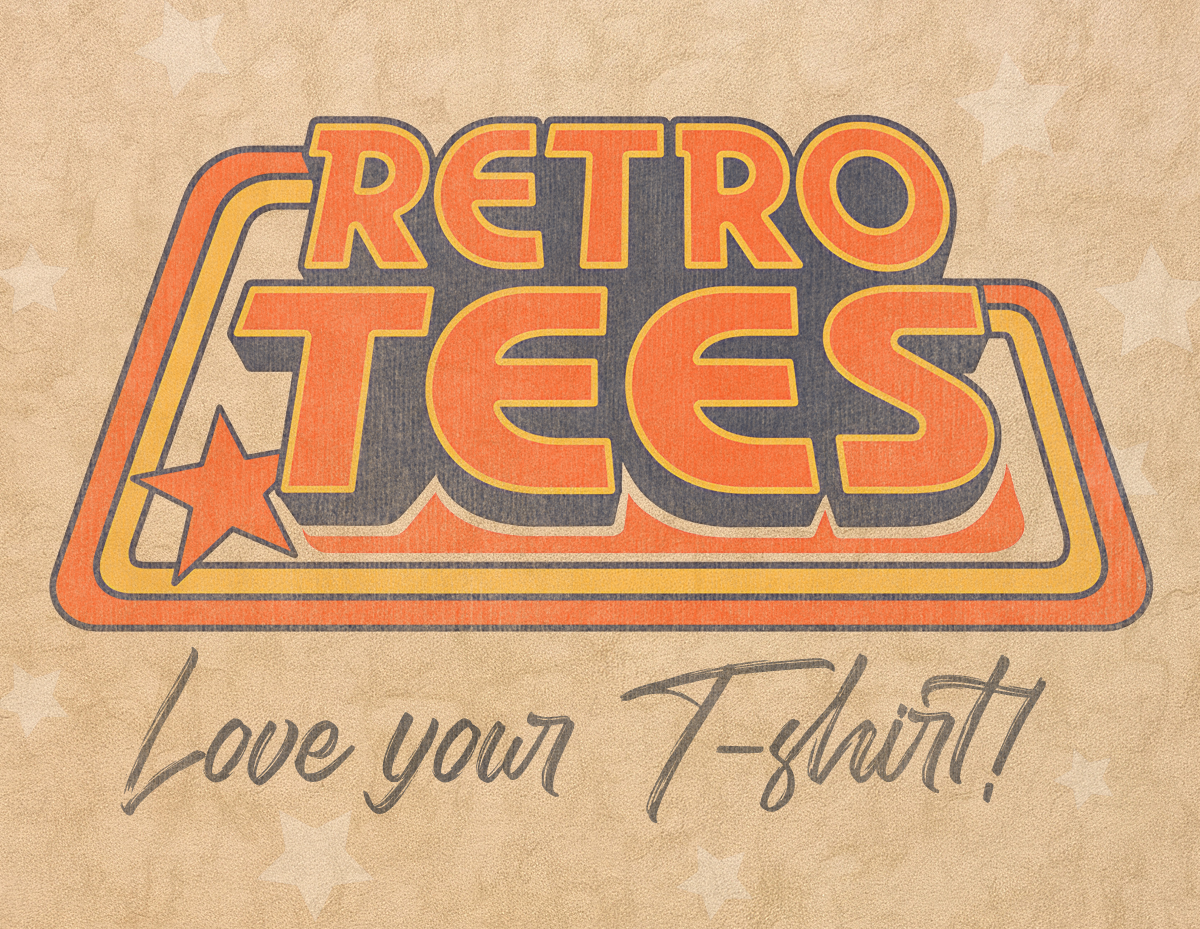 A retro-style graphic with the words 'RETRO TEES' in large orange letters outlined in dark gray, set on a tan textured background with faint stars. Below, the phrase 'Love your T-shirt!' appears in dark gray script.