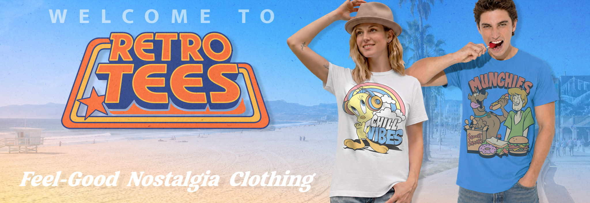 A promotional banner for Retro Tees featuring a man and a woman modeling graphic t-shirts against a beach backdrop. The woman wears a white t-shirt with a retro cartoon Tweety Pie graphic, and the man wears a blue t-shirt with a colorful Scooby Doo 'Munchies' graphic.