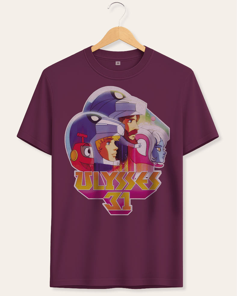 A short-sleeve graphic t-shirt hanging on a wooden hanger against a light beige background. The graphic features retro anime-style characters in helmets with the text 'ULYSSSES 31' in yellow and purple.