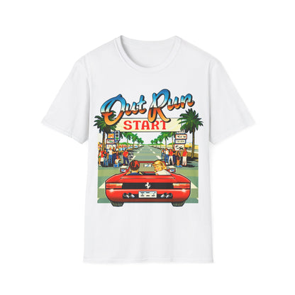 White t-shirt with a graphic design of a red car and people in a vintage setting, featuring text 'Out Run Start'.