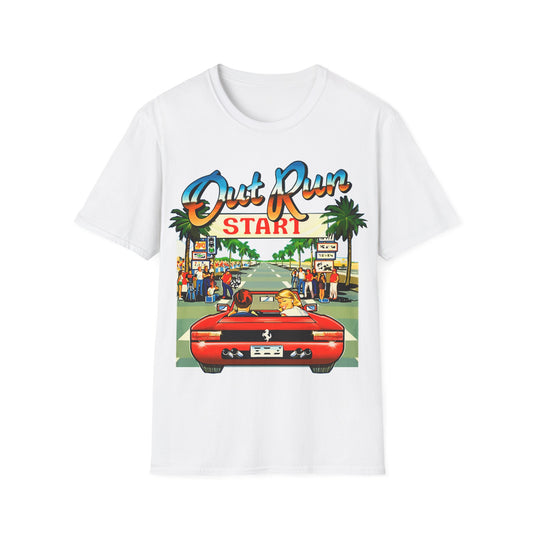 White t-shirt with a graphic design of a red car and people in a vintage setting, featuring text 'Out Run Start'.