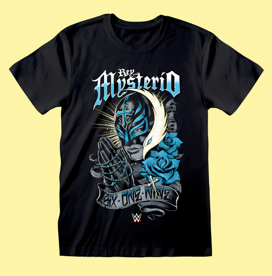 Official WWE Black t-shirt with a graphic Rey Mysterio design of a mask, roses, and text on a white background
