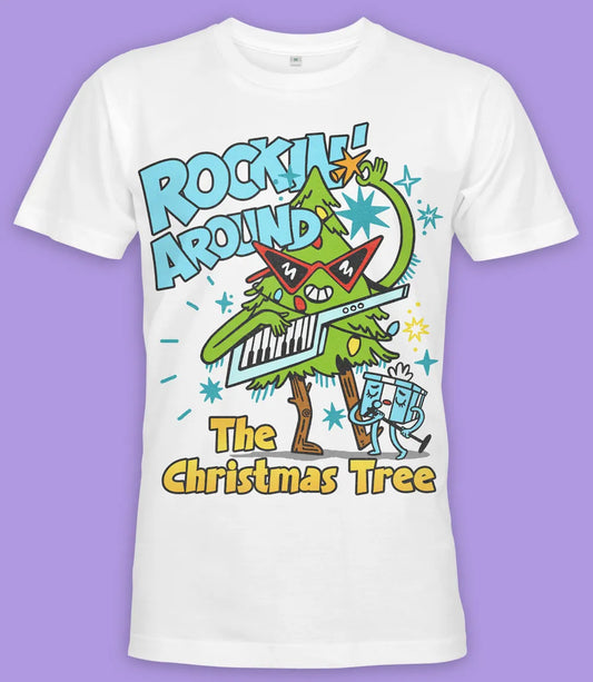 Retro Tees short sleeve soft white t-shirt featuring the text Rockin' Around The Christmas Tree with retro Rockstar Christmas tree design