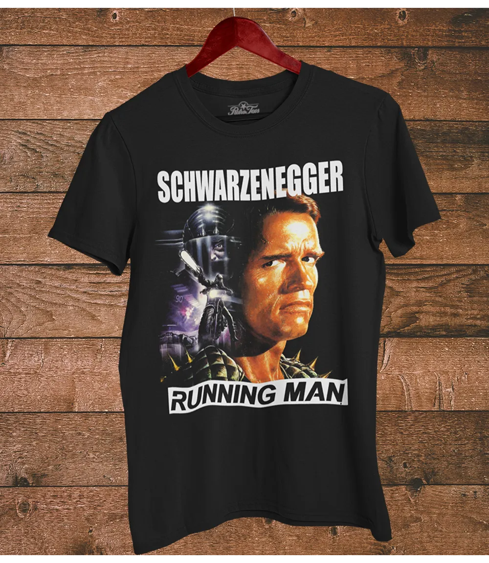 Mens unisex black short sleeve t shirt featuring Running Man movie poster design