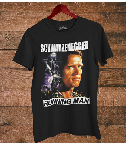 Mens unisex black short sleeve t shirt featuring Running Man movie poster design