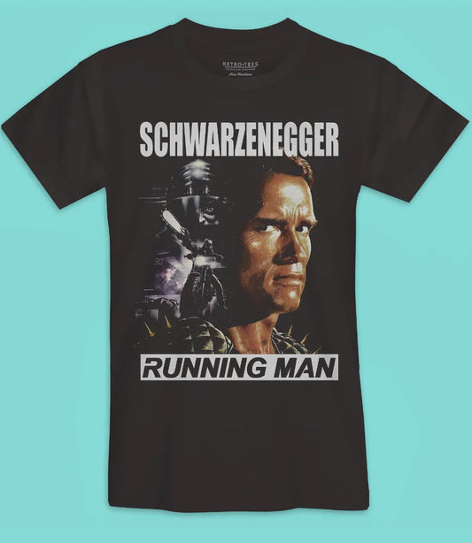 Mens unisex black short sleeve t shirt featuring Running Man movie poster design 