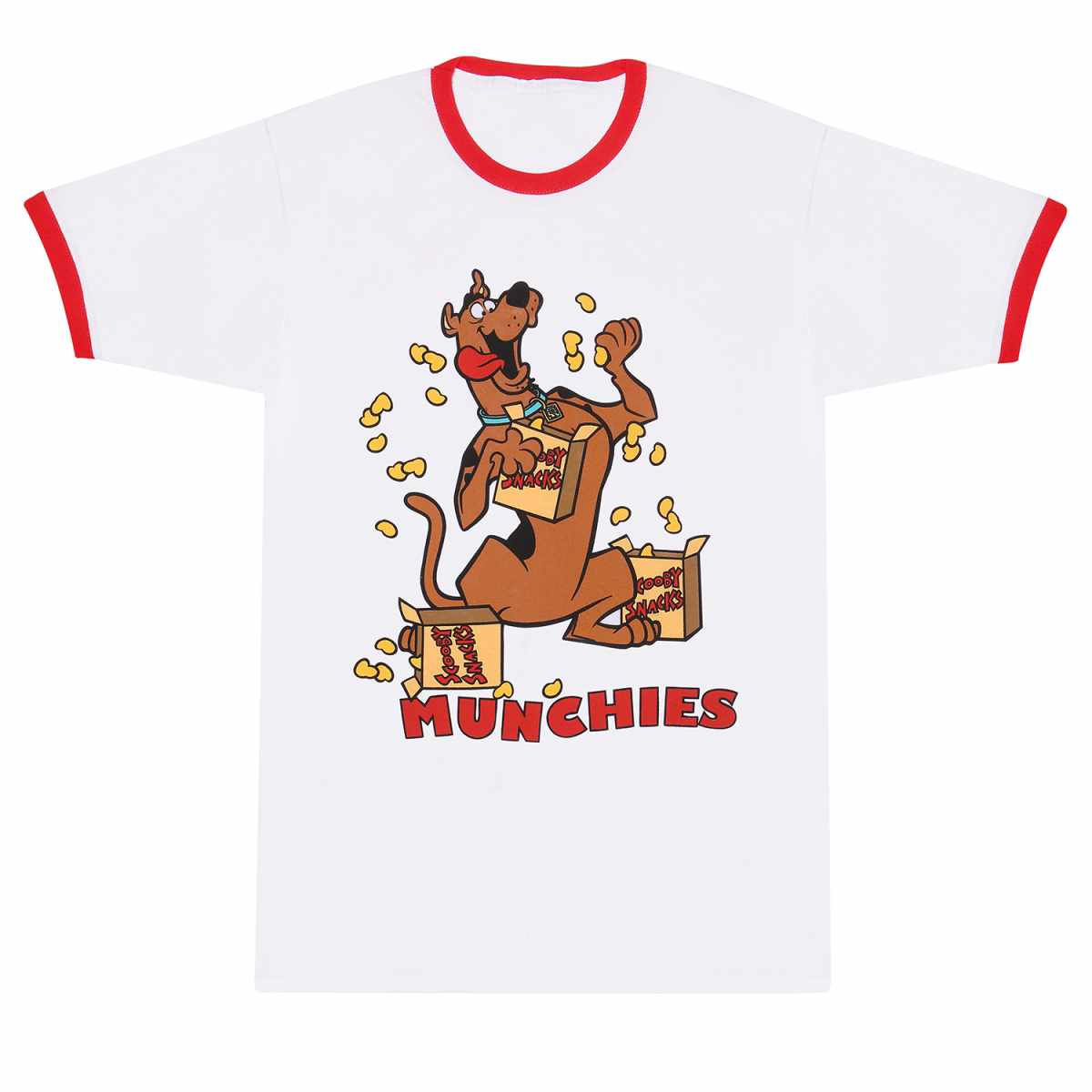 White t-shirt with red ringer sleeves featuring Scooby Doo the cartoon dog eating scooby snacks and 'Munchies' text