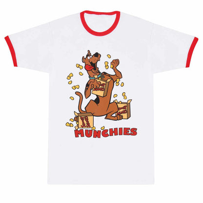 White t-shirt with red ringer sleeves featuring Scooby Doo the cartoon dog eating scooby snacks and 'Munchies' text